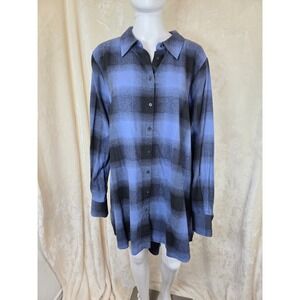 Lisa Rinna Blue Black Buffalo Plaid Flannel Shirt Oversized Button Down Longline